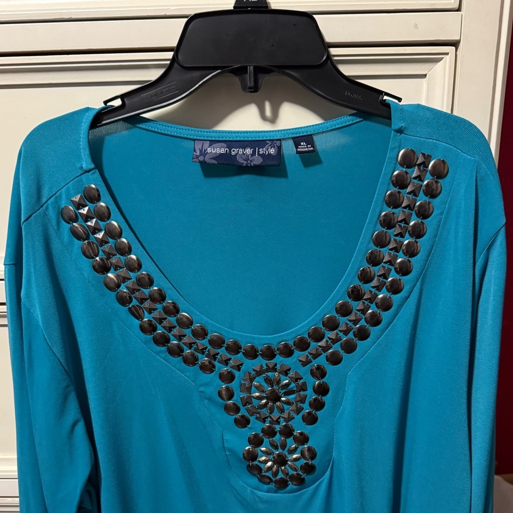 Susan Graver Teal Long-Sleeve Top with Gunmetal Stud Embellishment